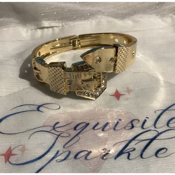 Edgy Gold Belt Buckle Statement Hinged Bracelet Bangle - Picture 2 of 15
